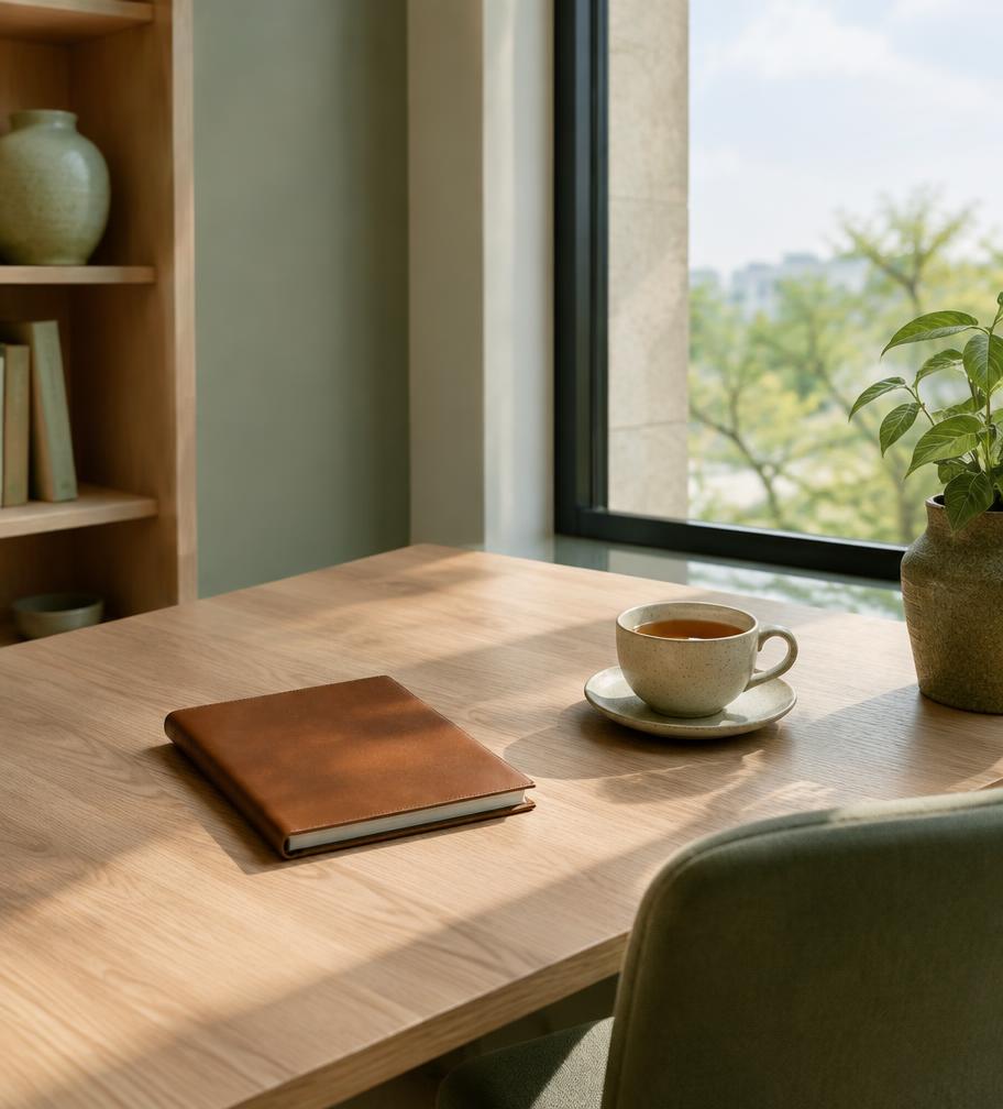 A notebook and tea on a sunlit desk beside a window
