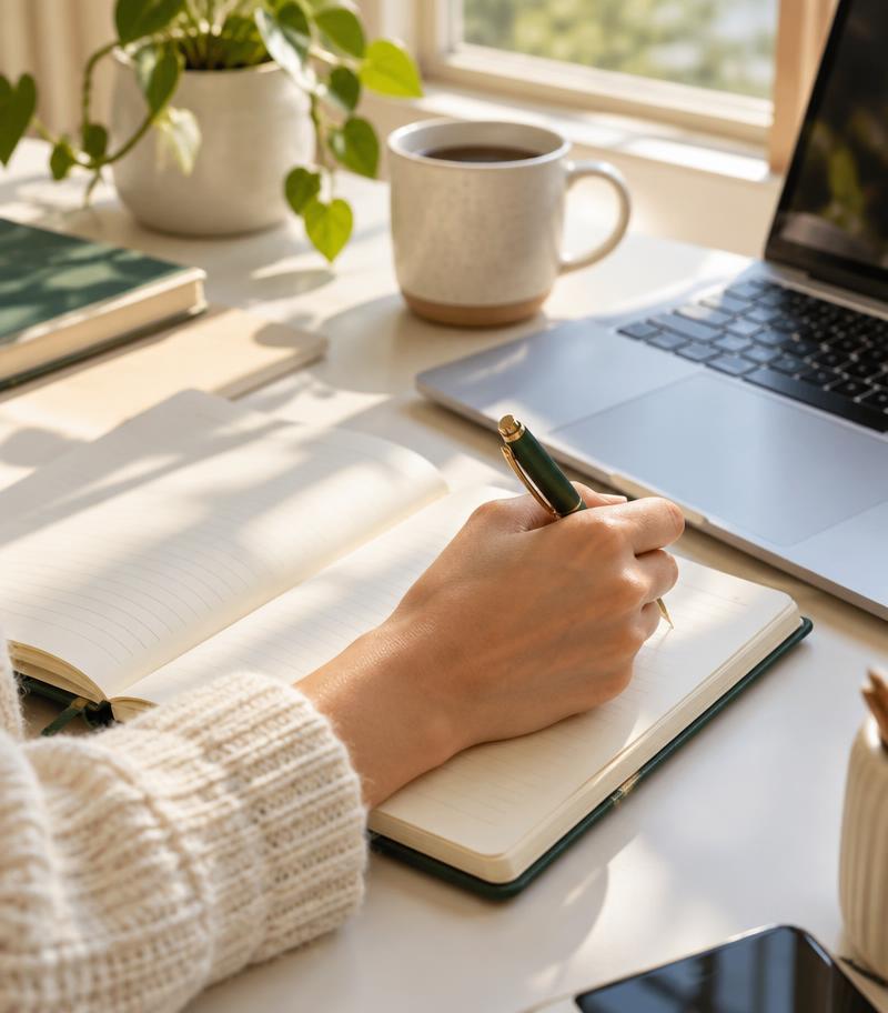 Notes being taken beside a laptop in natural daylight